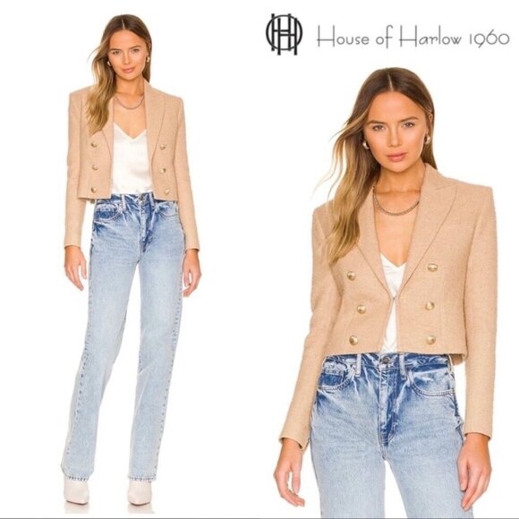 House of Harlow Tweed Cropped Tan Blazer Jacket Size XS Gold Buttons neutral - Picture 2 of 12